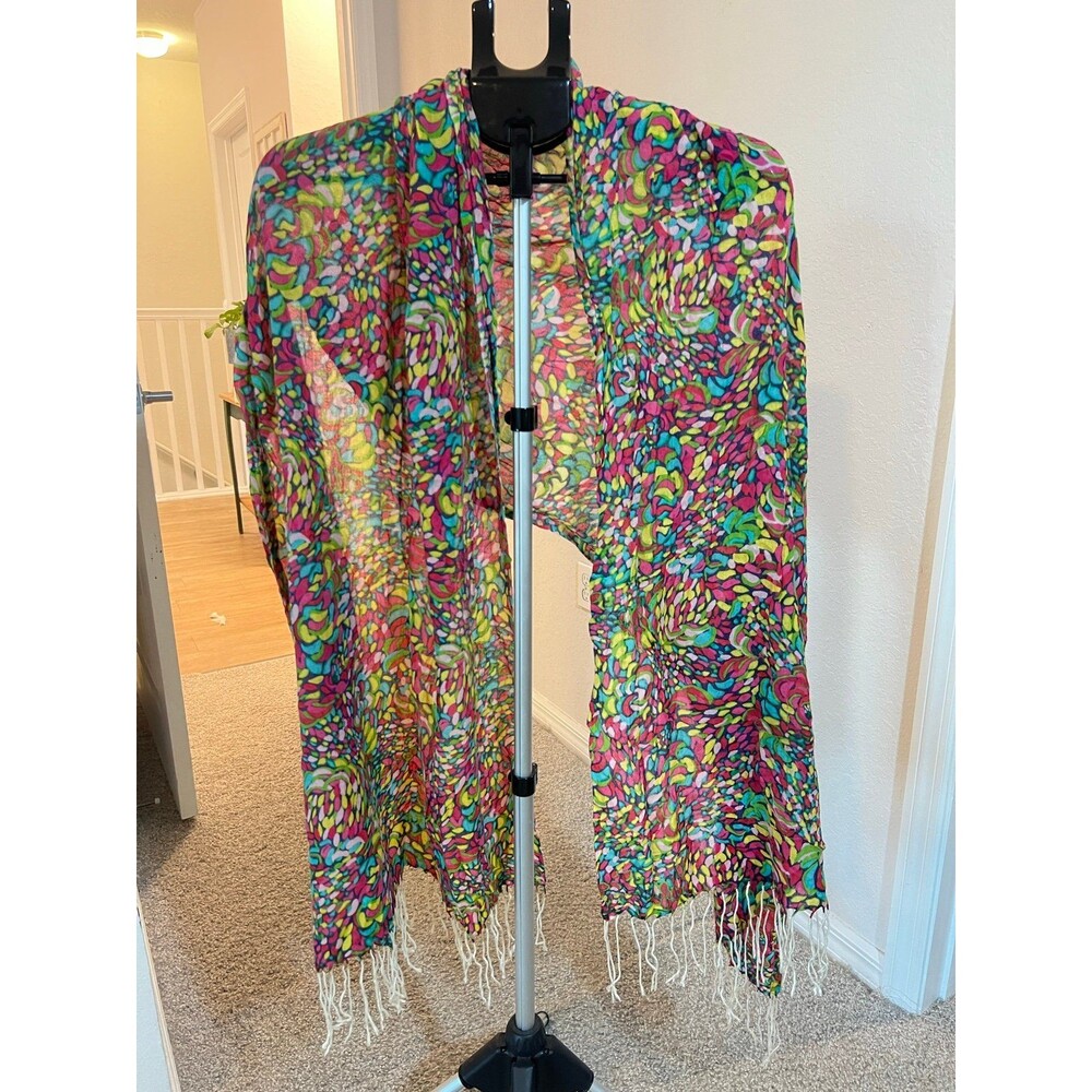 Multicolor Stained Glass Mosaic Scarf with White Fringe - Picture 2 of 8